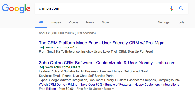 Example of Pay-Per-Click Advertisements on a Google search engine results list.